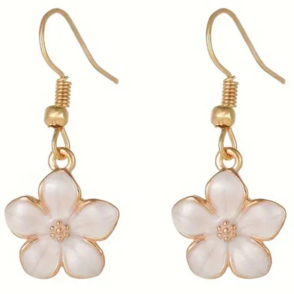 Creamy White Enamel Flower Dangle Gold Toned Earrings - Picture 3 of 3
